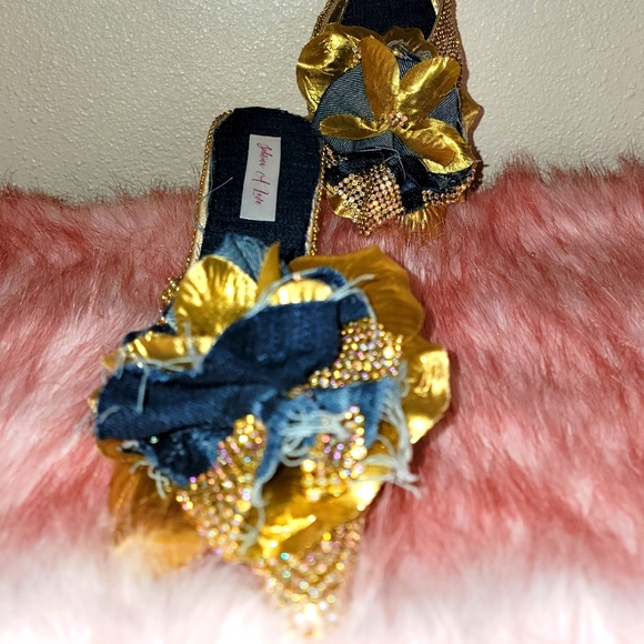 Custom Order "DALLAS" Denim & Diamonds AB Gold Crystal & Denim Mules - Picture 3 of 7